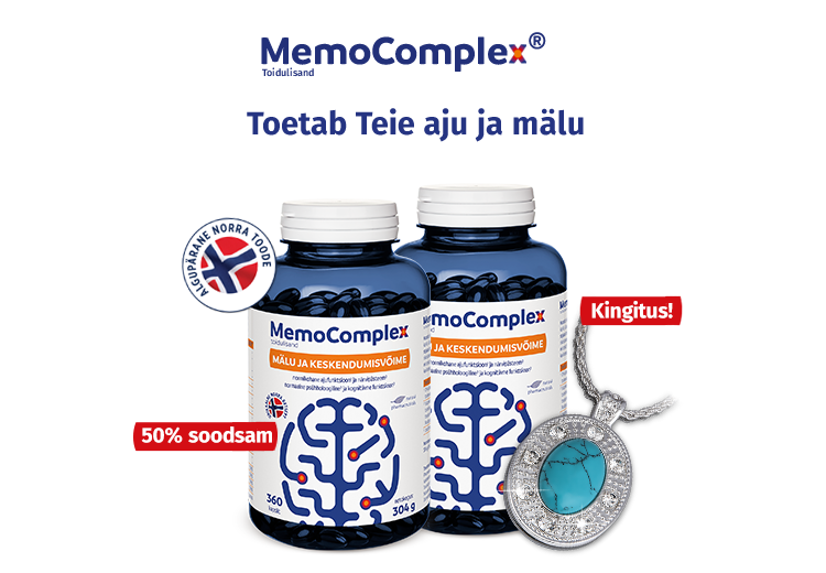 Natural Pharmaceuticals Memocomplex Toidulisand MemoComplex mälu ja kontsentratsiooni toetamiseks – kaks sinist pakendit aju kujutisega, Norra kvaliteedimärgisega, 50% allahindlusega ja turkoosikiviga hõbedane ripats kingituseks.